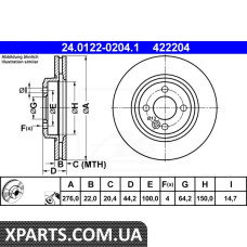 Диск гальмівний ATE 24.0122-0204.1 MINI MINI COOPER 01 - MINI COOPER S 02 - MINI ONE 01 - ATE 24012202041