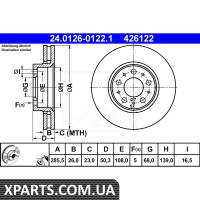Диск гальмівний ATE 24.0126-0122.1 VOLVO S60 2.0T 01- 2.4 00- 2.4D 2.4D5 05- S80 2.4 2.5TDI 99-06 2 ATE 2401260122