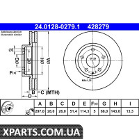 Диск гальмівний ATE 24.0128-0279.1 MAZDA 6 2.0 13- 2.2D 13- PRZУD ATE 24012802791