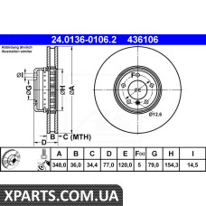 Диск гальмівний ATE 24.0136-0106.2 BMW E60 550I 05-535D 04-E63 650I 05-ATE 24013601062