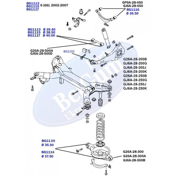 BG1130 BELGUM PARTS Сайлентблок важеля (заднього/нижнього) Mazda 6 02-07(36.5x12x35.2x51.3)(під пружину)