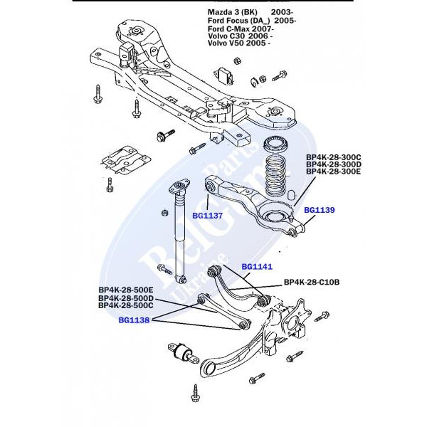 BG1141 BELGUM PARTS Сайлентблок важеля (заднього/зверху) Ford Focus/Mazda 3/Volvo (S40) 99-10(поперечного)(36.4x12/35x28)