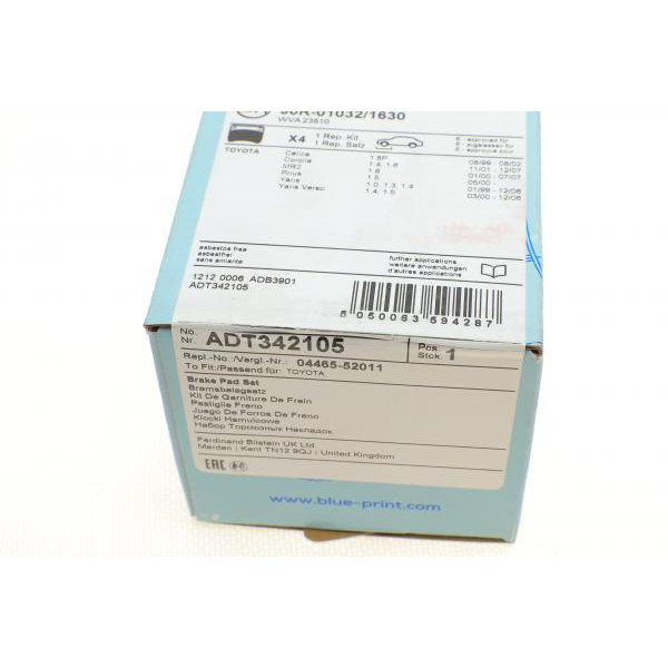 ADT342105 BLUE PRINT Колодки гальмівні (передні) Toyota Corolla 01-08/Prius 00-04/Yaris 99-05