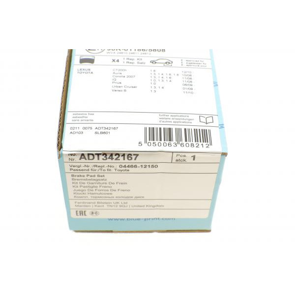 ADT342167 BLUE PRINT Колодки гальмівні (задні) Toyota Auris/IQ/Urban Cruiser 07-