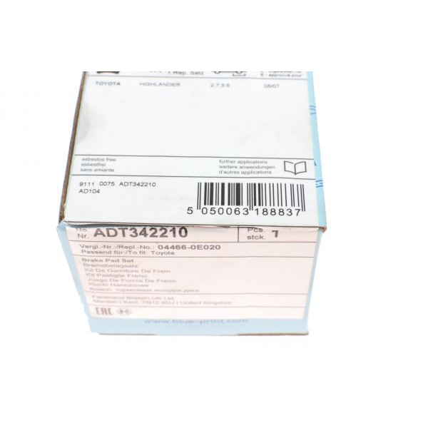 ADT342210 BLUE PRINT Колодки гальмівні (задні) Toyota Highlander 2.7 16V/3.5 24V 00-