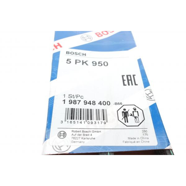 1987948400 BOSCH Ремінь генератора Audi A6 5.0 08-10/BMW 3 (E46) 1.6/1.8i 98-02/Suzuki Jimny 1.5 18- (5PK950)