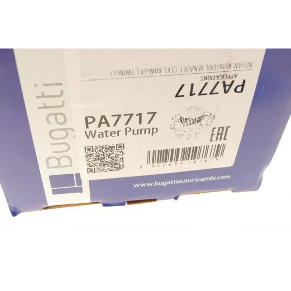 PA7717 BUGATTI Насос води Renault Kangoo/Clio/Twingo 1.2 98-/Nissan Kubistar 1.2 03- (B/B) (6 лоп)