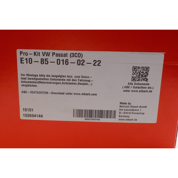 E10850160222 EIBACH Комплект пружин (Pro-Kit) VW Passat (362/3C2) 05-14 (4 шт.)