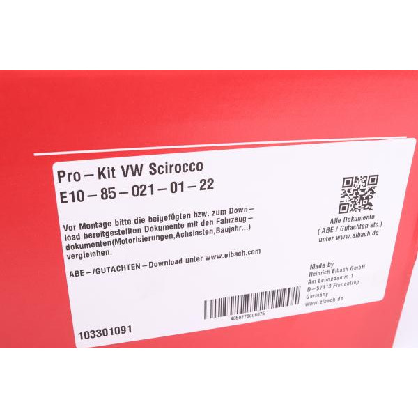E10850210122 EIBACH Комплект пружин (Pro-Kit) VW Scirocco 08-17 (4 шт.)