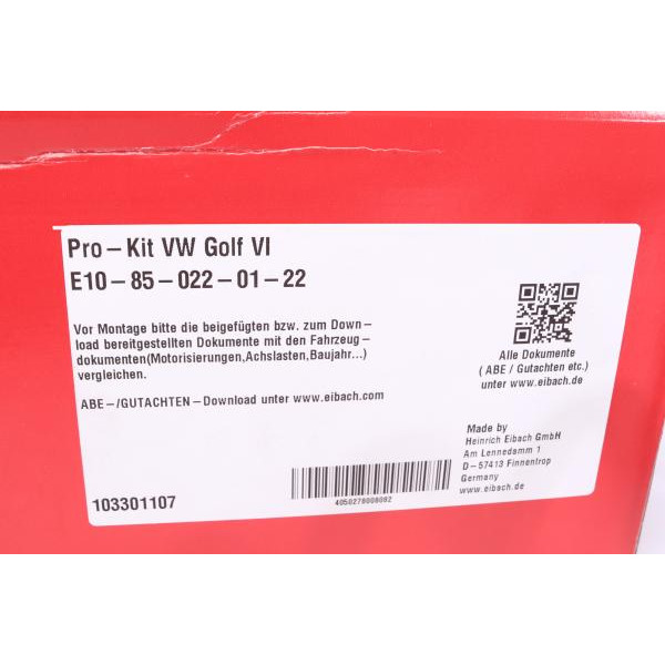 E10850220122 EIBACH Комплект пружин (Pro-Kit) VW Golf VI 08-12 (4 шт.)