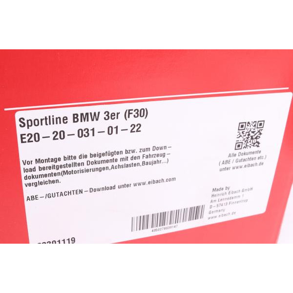 E20200310122 EIBACH Комплект пружин (Sportline) BMW 3 (F30/F80)/4 (F32) 11- (4 шт.)