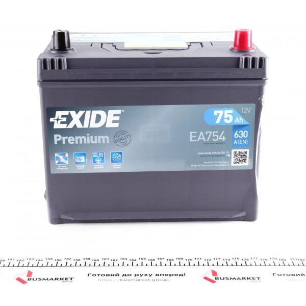 EA754 EXIDE Акумуляторна батарея 75Ah/630A (270x172x222/+R/B01) Premium Азія