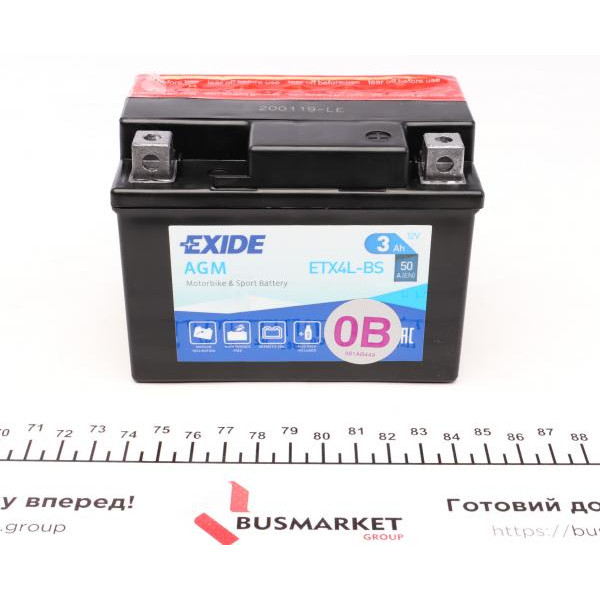 ETX4LBS EXIDE Акумуляторна батарея 3Ah/50A (113x70x85/+R/B0) (AGM) (мото) (співзаряджений)