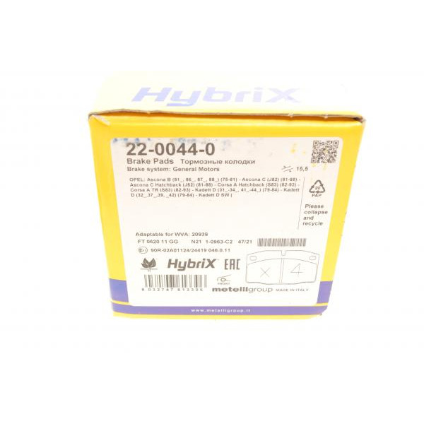 2200440 METELLI Колодки гальмівні (передні) Opel Ascona B/C 75-88/Corsa A/Omega A/Vectra A 83-95/Kadett D/E 79-93