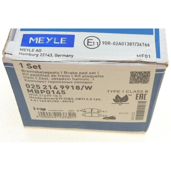 0252149918W MEYLE Колодки гальмівні (передні) Honda Accord lV 89-94 (Akebono)
