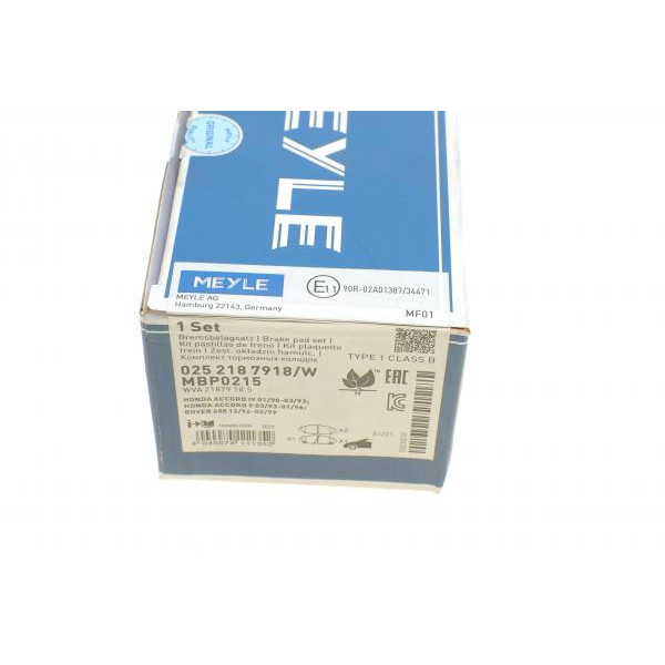 0252187918W MEYLE Колодки гальмівні (передні) Honda Accord V 92-98/Prelude III/IV/V 86-01/Rover 600 93-00