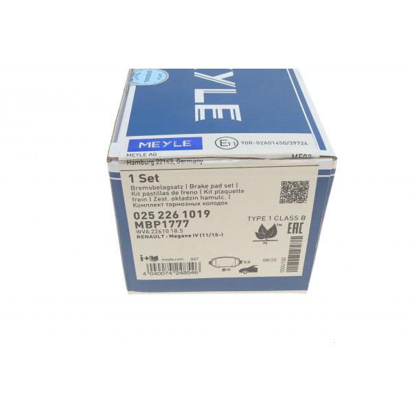 0252261019 MEYLE Колодки гальмівні (передні) Renault Megane IV 15-
