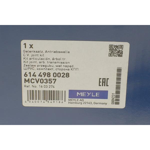 6144980028 MEYLE Шрус (зовнішній) Opel Astra H/J 04-/Zafira B 05-15 (33z/24z)