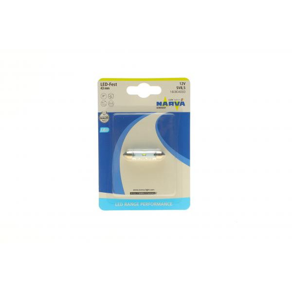 180804000 NARVA Автолампа 12V 0,6W SV8.5 (9.8x43mm) Festoon (LED) (blister/1шт)