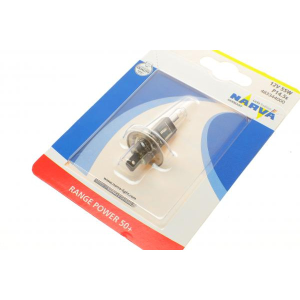 483344000 NARVA Автолампа H1 12V 55W P14.5s Range Power 50 + (blister/1шт)