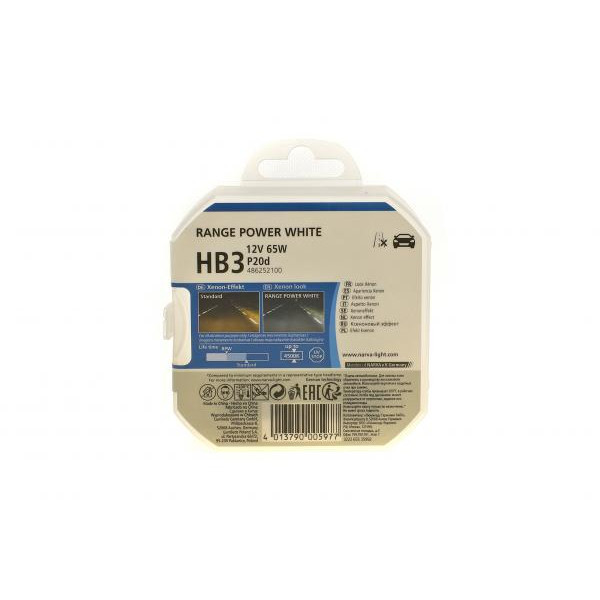 486252100 NARVA Автолампа HB3/9005 12V 60W P20d Range Power White (4500K) (2шт)