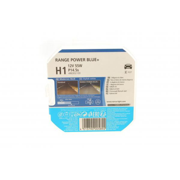 486302100 NARVA Автолампа H1 12V 55W P14.5s Range Power Blue + (3700K) (2шт.)