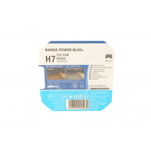 486382100 NARVA Автолампа H7 12V 55W PX26d Range Power Blue+ (3700K) (2 шт.)