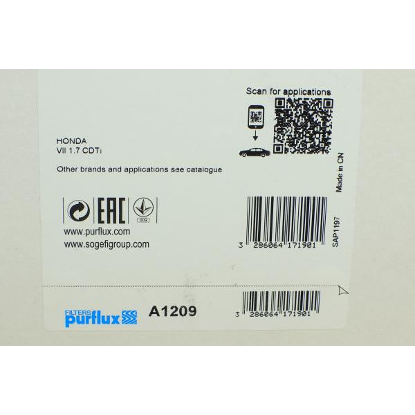 A1209 PURFLUX Фільтр повітряний Honda Civic VII 1.7 CTDi 02-05