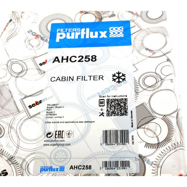 AHC258 PURFLUX Фільтр салону Fiat Scudo/Citroen Jumpy/Peugeot Expert 1.6-2.0 HDi 07-(вугільний)
