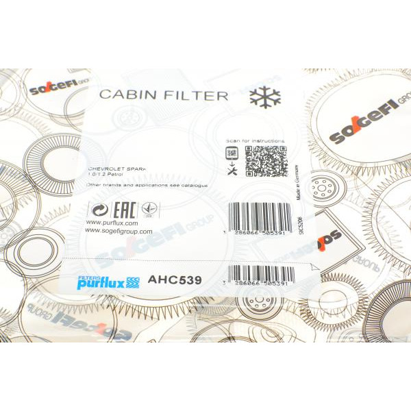AHC539 PURFLUX Фільтр салону Chevrolet Spark 1.0/1.2 DOHC 16 V 10- (вугільний)
