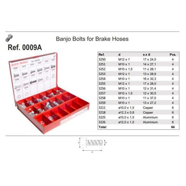 0009A QUICK BRAKE Комплект болтів Banjo (банжо) M10x1-M12x1/11x28.1-17x28/ + шайби d=10x1.5-12.3x0.8 (64 шт.)