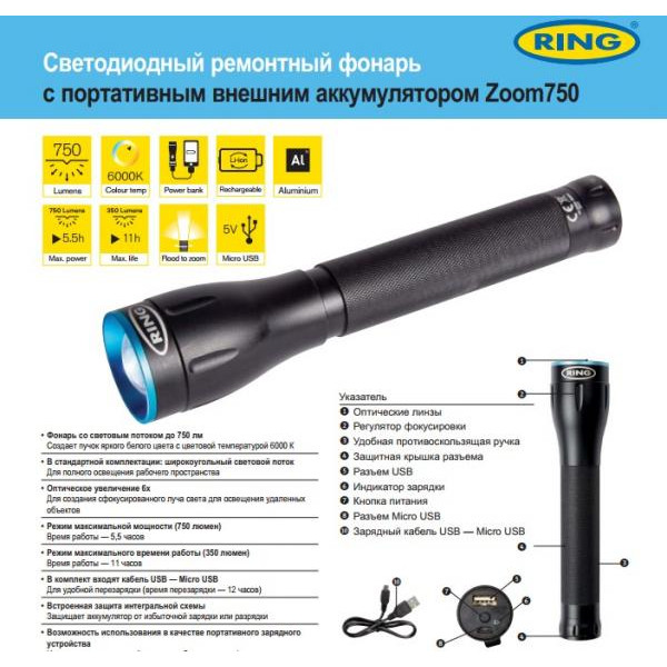 RIT1060 RING Ліхтарик портативний (750 люмен/настроюване фокусування/функція PowerBank)