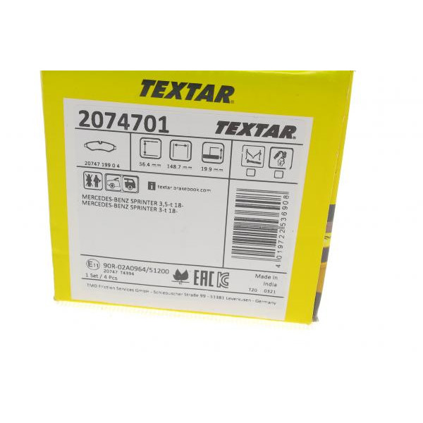 2074701 TEXTAR Колодки тормозные (задние) MB Sprinter (907,910) 211-519 CDI 18- (Brembo) (148.7x56.4x19.9) Q+