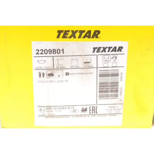 2209801 TEXTAR Колодки гальмівні (передні) Volvo S60 III/S90 II/ V60 II/ XC60 II (Teves) Q+