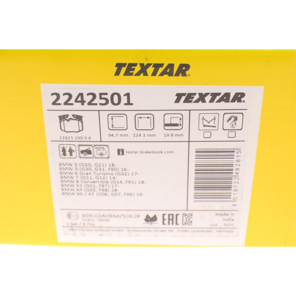 2242501 TEXTAR Колодки гальмівні (передні) BMW 3 (G20) 18-/5 (G30/F90)/7 (G11/G12) 15- (Brembo)