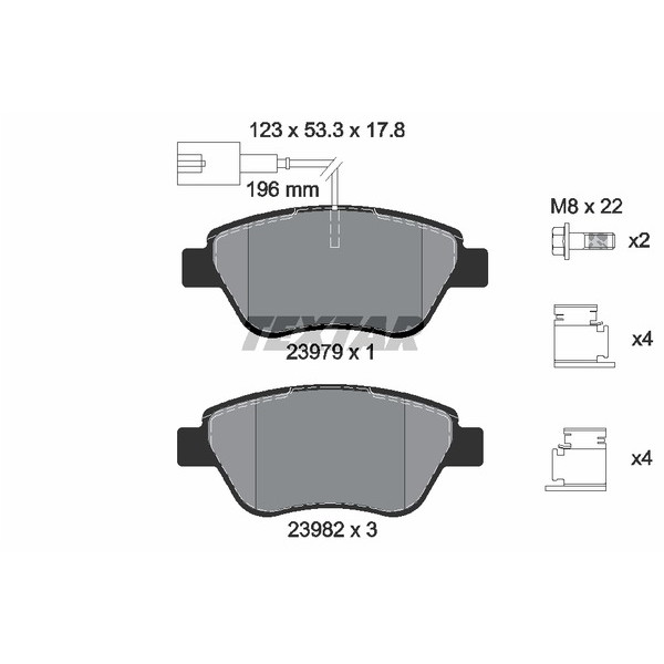 2397903 TEXTAR Колодки гальмівні (передні) Fiat Doblo/Citroen Nemo/Peugeot Bipper 08- (Bosch) Q+ (з датчиком)