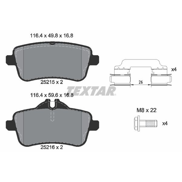 2521509 TEXTAR Колодки гальмівні (задні) MB GL-class (X166)/GLS (X166) 11- (TRW) (116.4x59.6x16.8) Q+