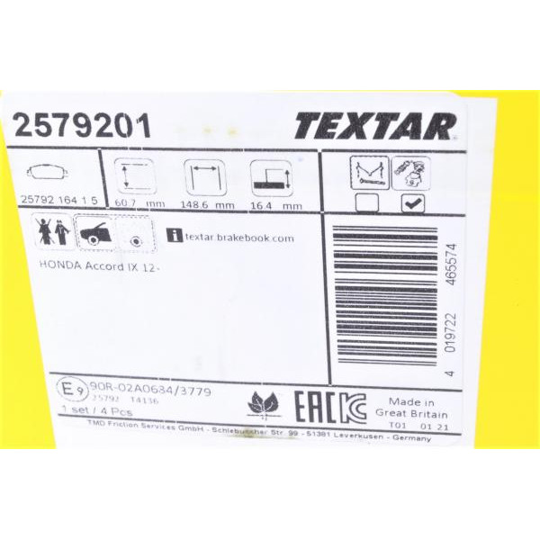2579201 TEXTAR Колодки гальмівні (передні) Honda Accord IX/X 12-/HR-V 15- (Akebono)