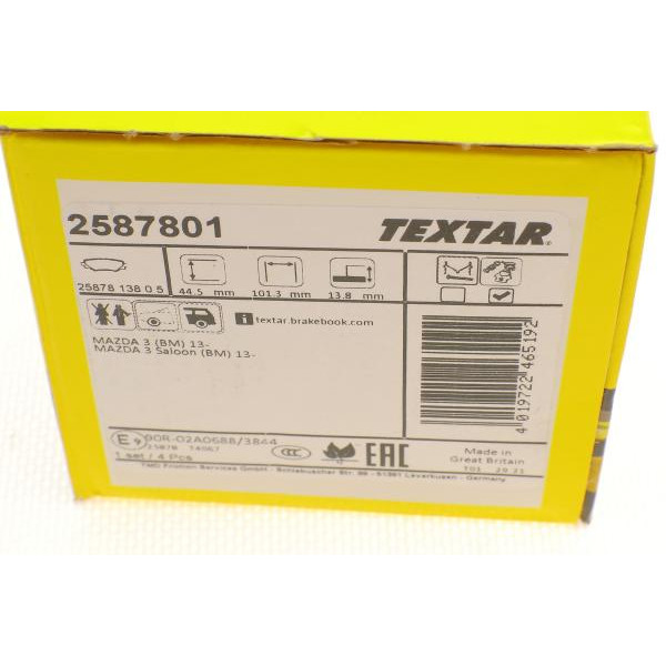 2587801 TEXTAR Колодки гальмівні (задні) Mazda 3 13- (101.5x44.5x13.8)
