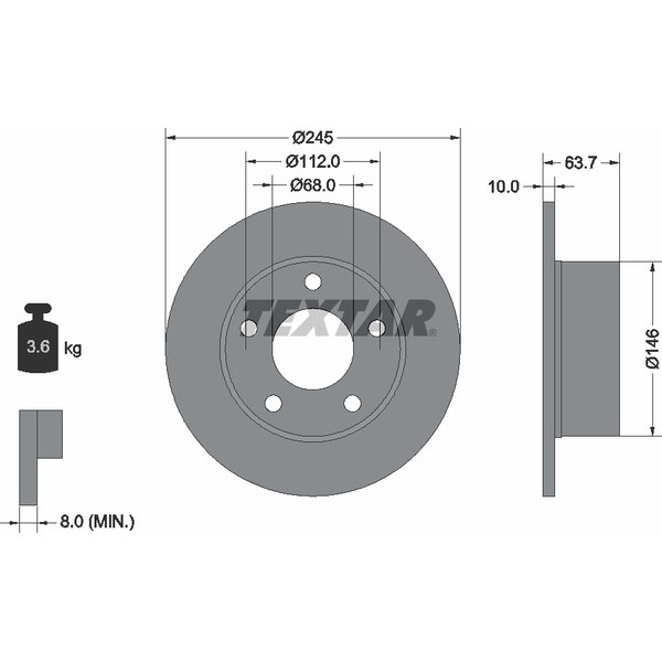 92057503 TEXTAR Диск гальмівний (задній) Skoda Superb/VW Passat (245x10mm) PRO
