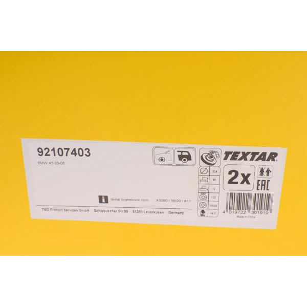 92107403 TEXTAR Диск гальмівний (задній) BMW X5 (E53) 3.0-4.4i 00-06 (324x12) PRO