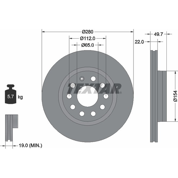 92120705 TEXTAR Диск гальмівний (передній) VW Caddy 04- (280x22) PRO+