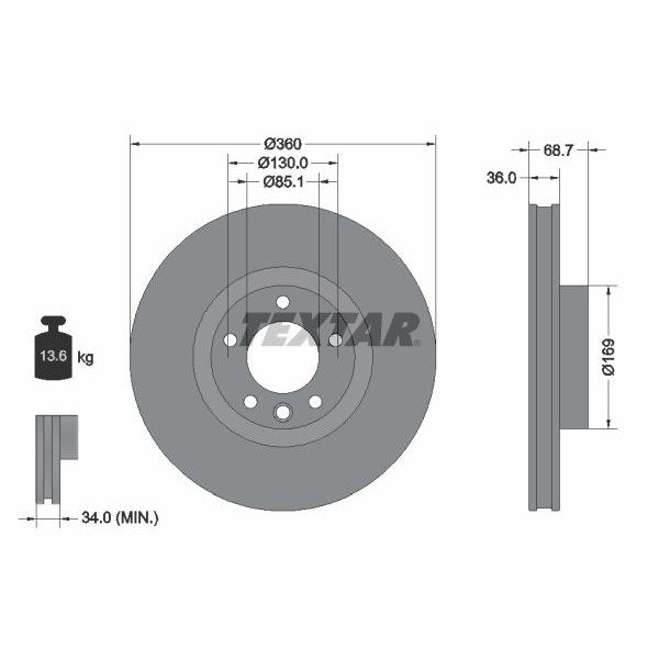 92262705 TEXTAR Диск гальмівний (передній) Porsche Cayenne 10-/VW Touareg 10-18 (360x36) (R) PRO+
