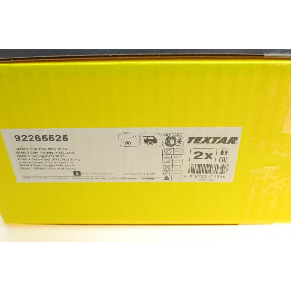 92265525 TEXTAR Диск гальмівний (задній) BMW 3 (F30/F80/F34)/4 (F36) 11- (з прорізом) (вентильований) (345x24) PRO+