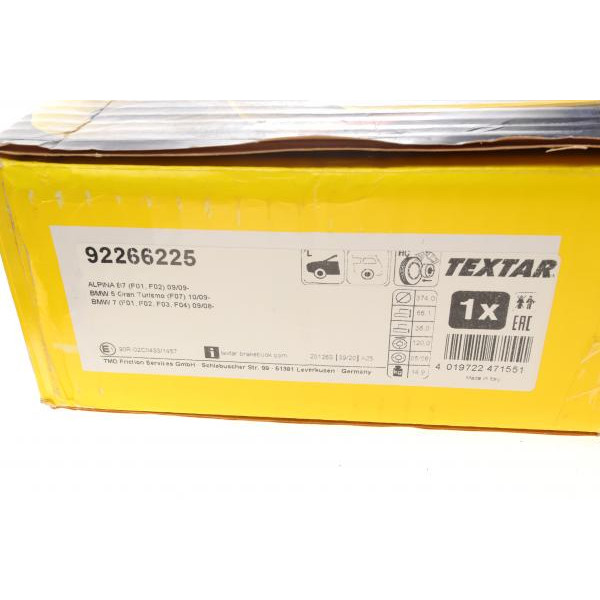 92266225 TEXTAR Диск гальмівний (передній) BMW 5 GT (F07)/7 (F01/F02/F03/F04) 4.4-6.0 09-17 (371x36) (L) PRO+