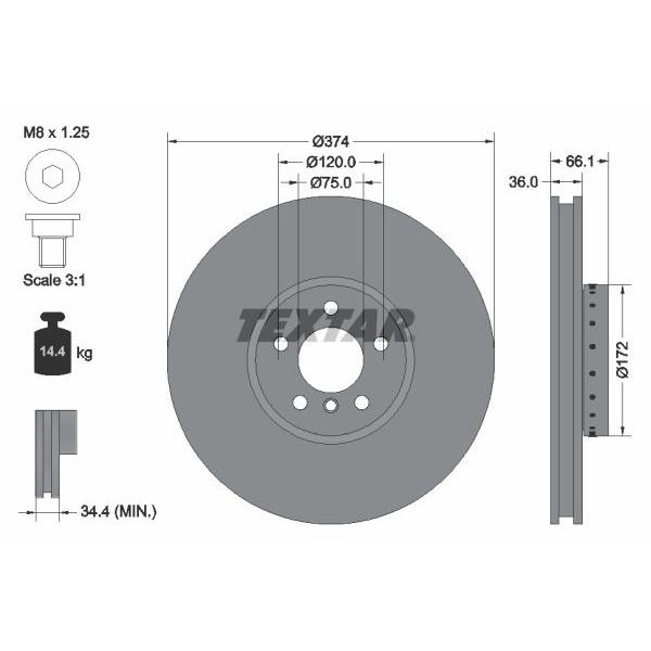 92266325 TEXTAR Диск гальмівний (передній) BMW 5 GT (F07)/7 (F01/F02/F03/F04) 4.4-6.0 09-17 (371x36) (R) PRO+