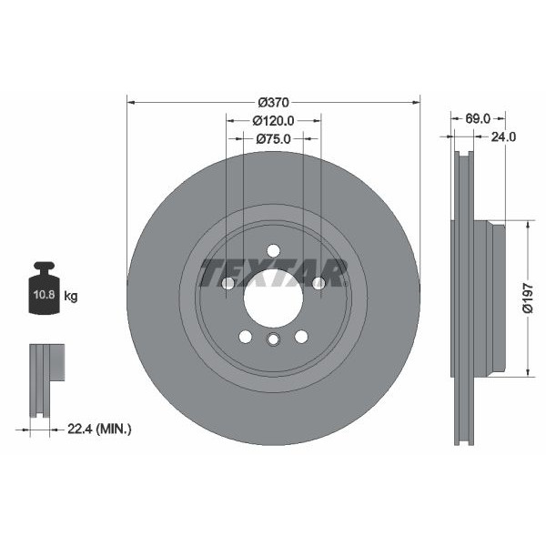 92270003 TEXTAR Диск гальмівний (задній) BMW 5 (F07/F11)/6 (F12)/7(F01/F02/F03/F04) 08- (370x24) PRO