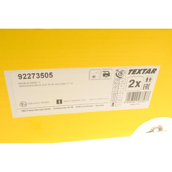 92273505 TEXTAR Диск гальмівний (задній) MB M-class (W166) 11-15/GLE (W166) 15-19 (330x22) PRO+