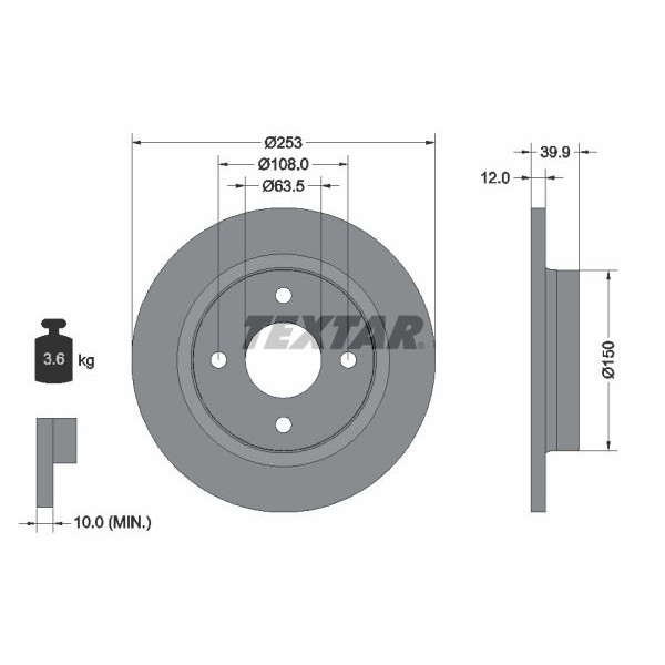 92292803 TEXTAR Диск гальмівний (задній) Ford Fiesta 17- (253x12) PRO