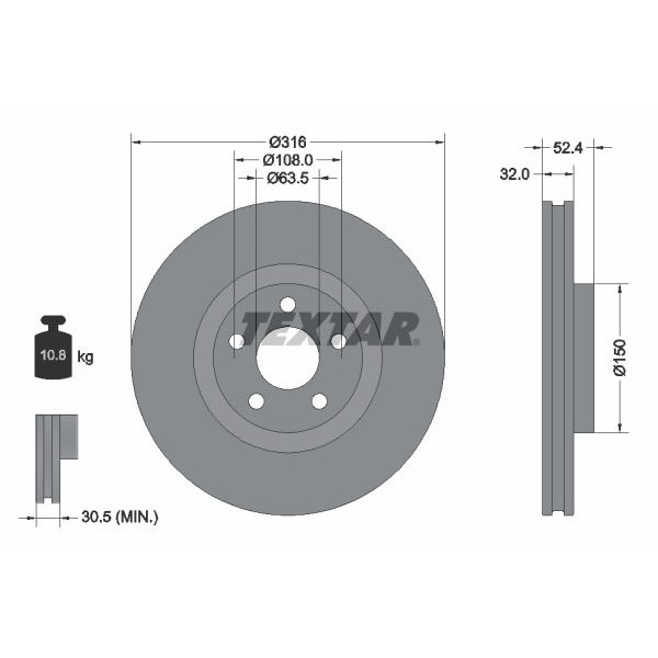 92293603 TEXTAR Диск гальмівний (передній) Ford Galaxy III/S-max 15- (316x32) PRO